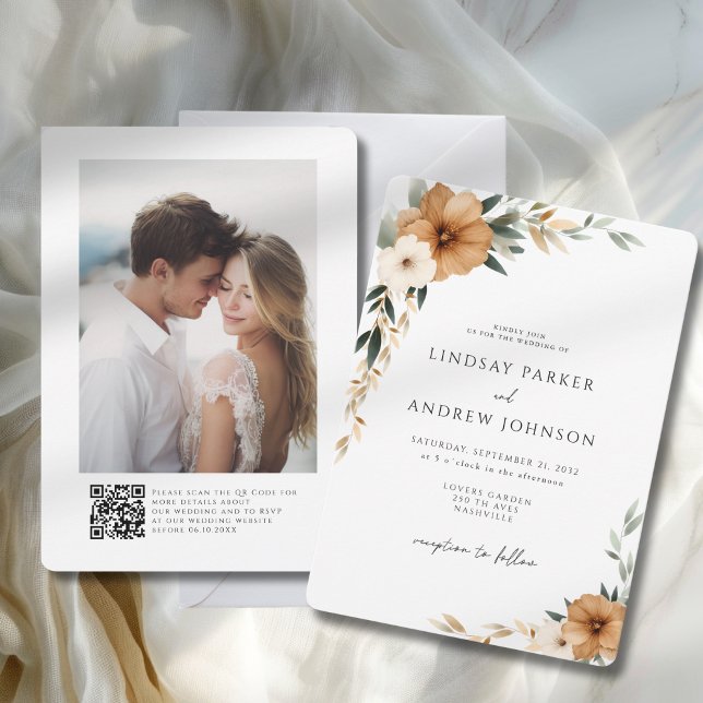 Convite Casamento com Foto Botânico de Cobre Elegante e Te (Elegant Copper & Earthy Botanical Wedding Invitation)