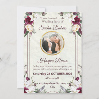 Convite Casamento com Foto Burgundy e Dourado Floral Escur