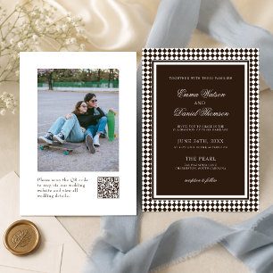 Convite Casamento com Foto de Borda Harlequim em Marrom Ch