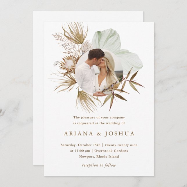 Convite Casamento com Foto de Chic Neutral Boho Wreath (Frente/Verso)