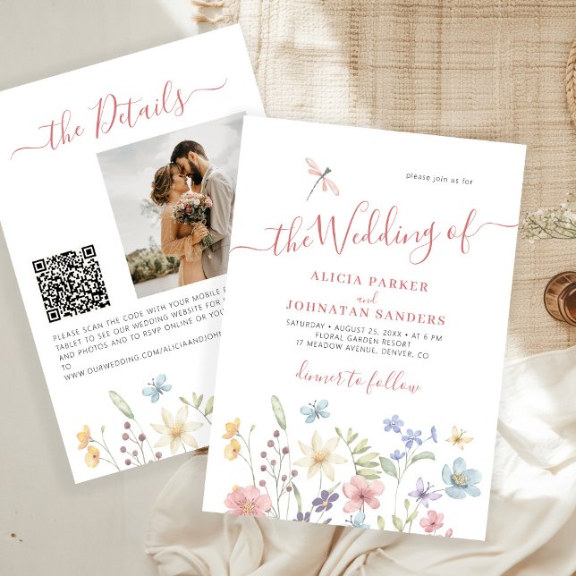 Convite Casamento com foto de código QR de flores silvestr (Criador carregado)