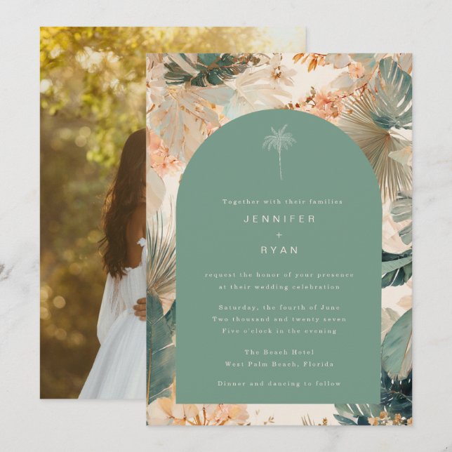 Convite Casamento com Foto de Folhas de Palmeira Tropical  (Frente/Verso)