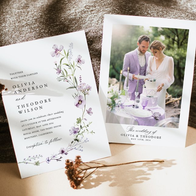 Convite Casamento com Foto de Fundo de Flor Silvestre de L (Lavender Wildflower Photo Back Wedding Invitation, Lilac Floral Purple Botanical Wedding Suite)