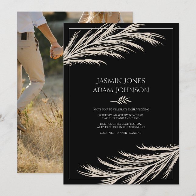 Convite Casamento com Foto de Grama de Pampas Preta Modern (Frente/Verso)