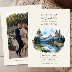 Convite Casamento com Foto de Lago no Campo em Aquarela
