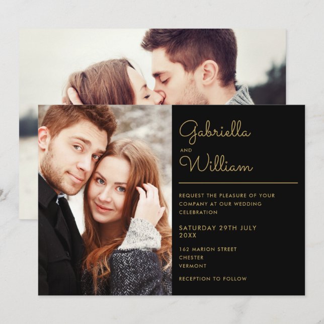 Convite Casamento com Foto de Letra Preta e Dourada Modern (Frente/Verso)