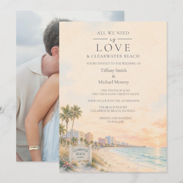 Convite Casamento com Foto de Love e Clearwater Beach Flor (Frente/Verso)