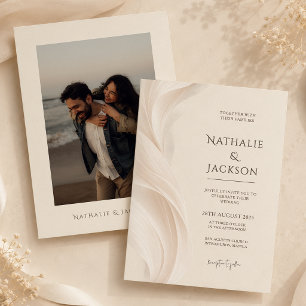 Convite Casamento com Foto de Pena Bege Marfim Elegante