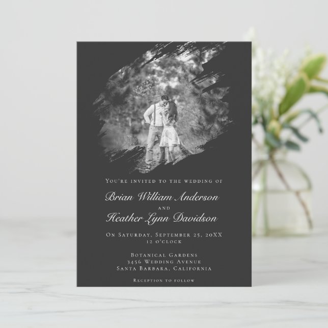 Convite Casamento com Foto de Pincelada Moderna | Preto Ma (Em pé/Frente)