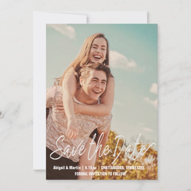 Convite Casamento com Foto de Salve a Data em Roteiro Casu (Frente)