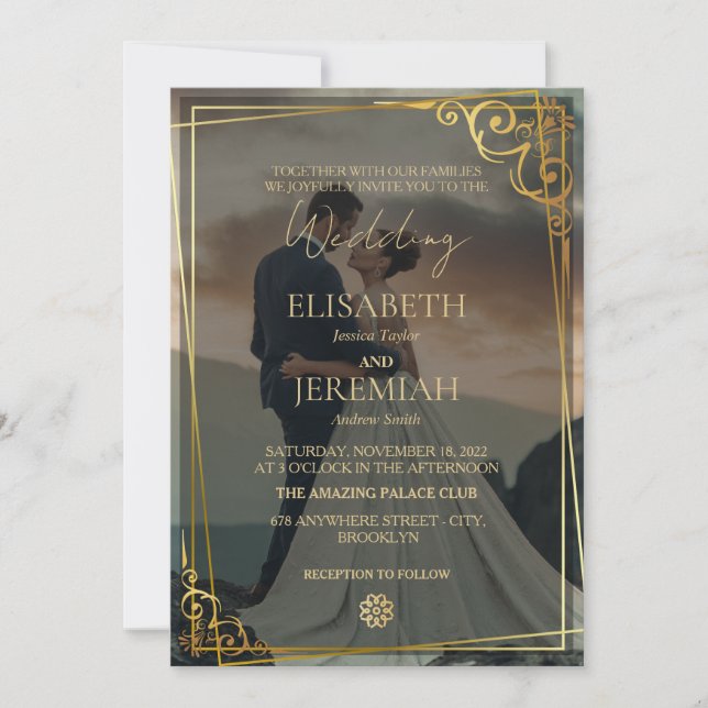 Convite Casamento com Foto de Sobreposição Preto e Dourado (Frente)