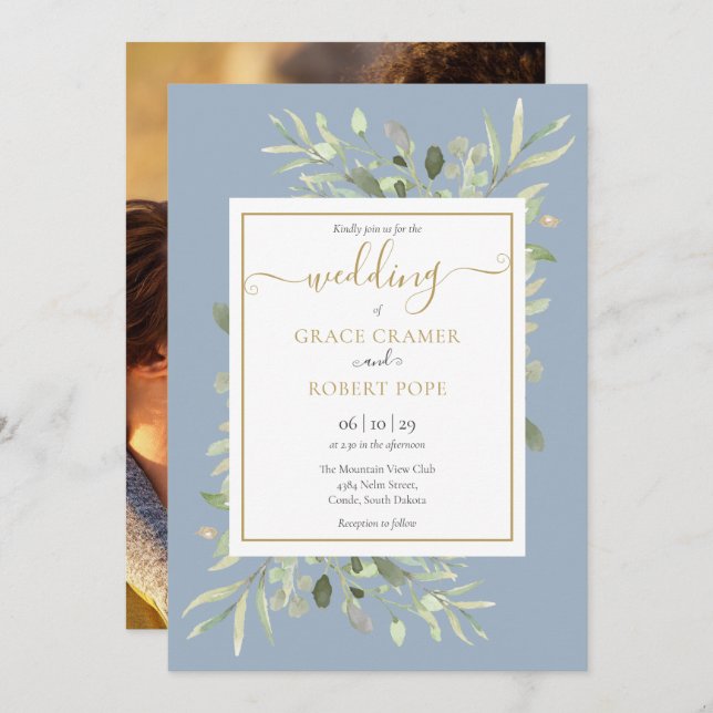 Convite Casamento com Foto Dourada de Script Azul Greenery (Frente/Verso)