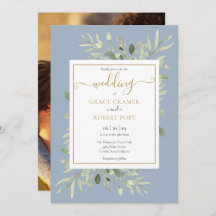 Casamento com Foto Dourada de Script Azul Greenery