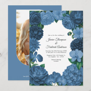 Convite Casamento com Foto e Código QR Floral Azul Marinho