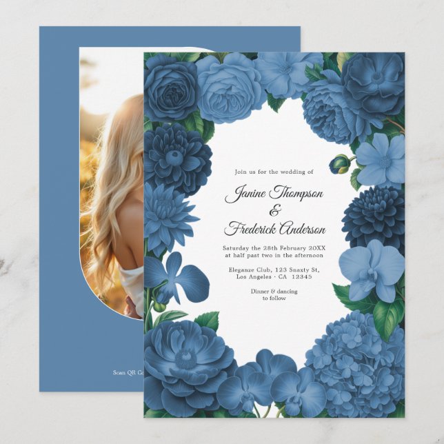 Convite Casamento com Foto e Código QR Floral Azul Marinho (Frente/Verso)