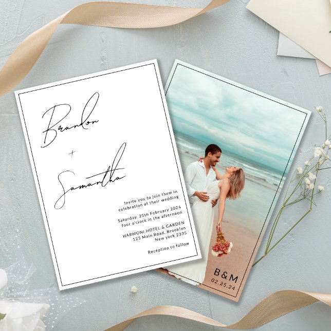 Convite Casamento com Foto e Letra Manuscrita em Preto e B (Criador carregado)