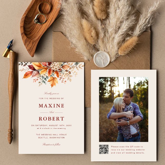 Convite Casamento com Foto em Código QR de Aquarela de Out (Elegant autumn watercolor QR code photo invitation keeps loved ones connected.)