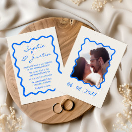 Convite Casamento com Foto em Moldura Azul Moderna Ondulad