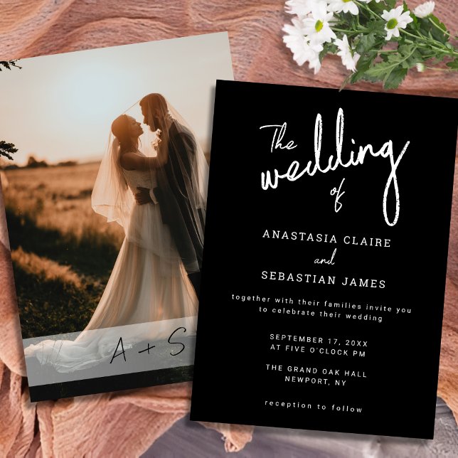 Convite Casamento com Foto em Preto e Branco com Letra Min (Minimalist Script Black and White Photo Wedding Invitation)