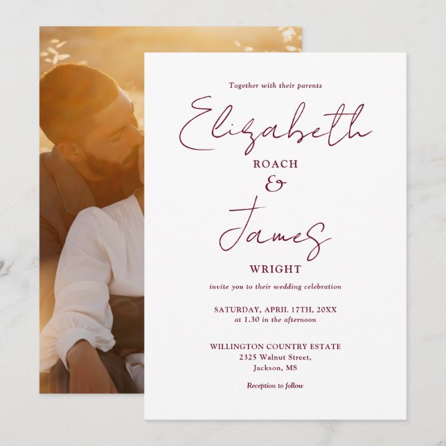 Convite Casamento com Foto em Rotulo Burgundy Minimalista  (Frente/Verso)