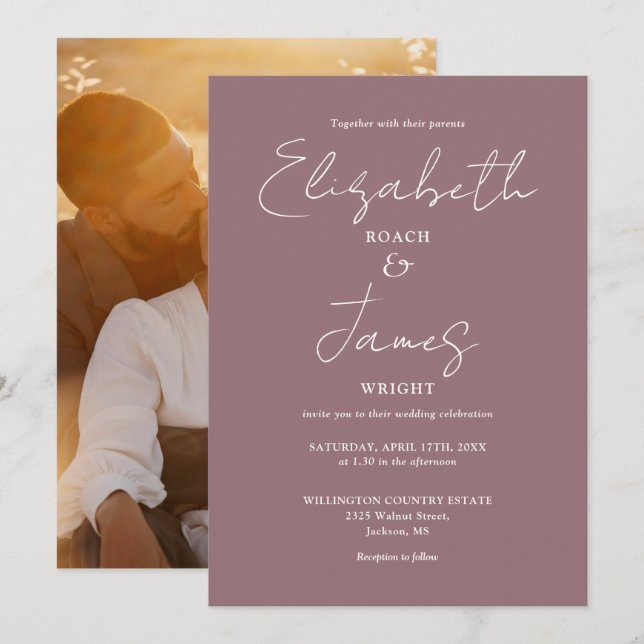 Convite Casamento com Foto em Rotulo Minimalista Roxa (Frente/Verso)