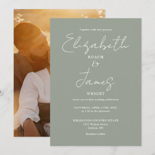 Convite Casamento com Foto em Rótulo Minimalista Verde Sal