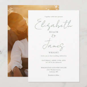 Convite Casamento com Foto em Tom de Verde Sálvia Elegante