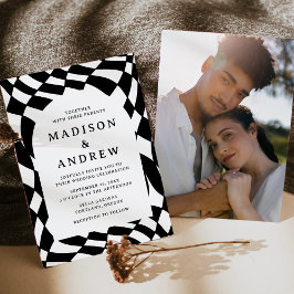 Convite Casamento com Foto em Xadrez Preto e Branco Retrô