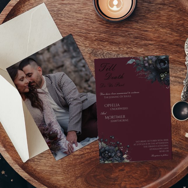Convite Casamento com Foto Floral até Morte Escuro (Criador carregado)