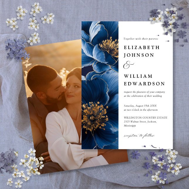 Convite Casamento com Foto Floral Azul Marinho e Dourado M (Modern Navy Blue And Gold Floral Photo Wedding Invitation)