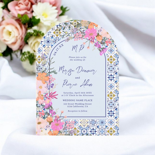 Convite Casamento com foto floral de azulejos azuis italia (Italian blue tiles watercolor floral photo wedding invitation)