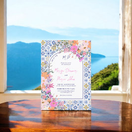 Convite Casamento com foto floral de azulejos azuis italia