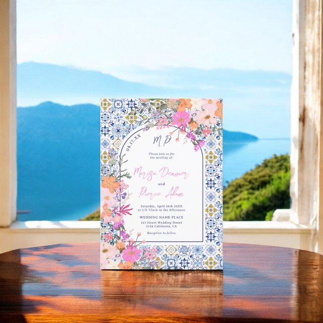 Convite Casamento com foto floral de azulejos azuis italia (Italian blue tiles watercolor floral photo wedding invitation)