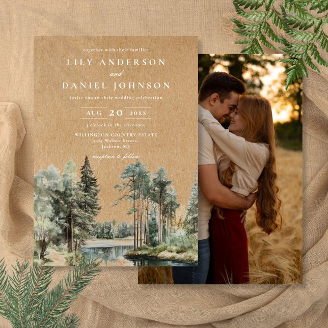Convite Casamento com Foto Florestal Rústica Kraft (Rustic Kraft Lake Forest Woodland Photo Wedding Invitation)