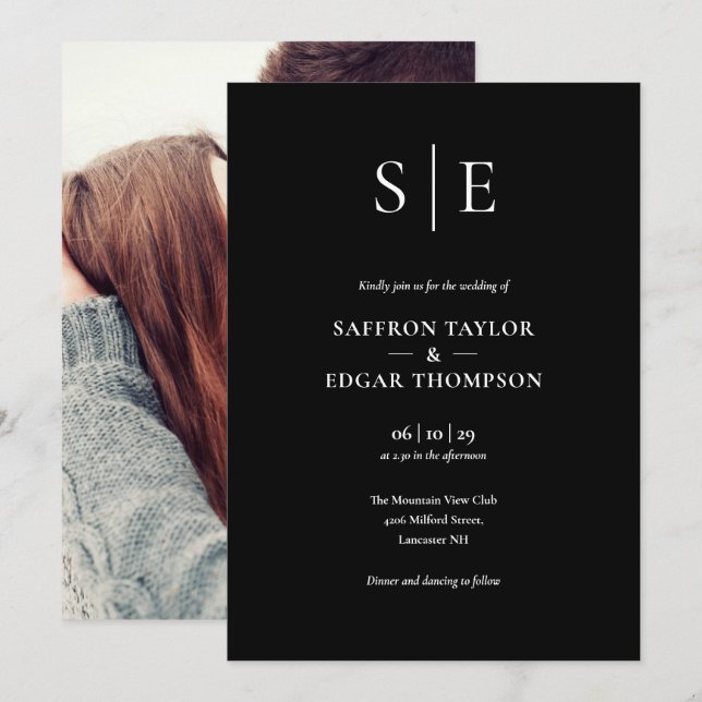 Convite Casamento com Foto Monograma Preto e Branco (Frente/Verso)