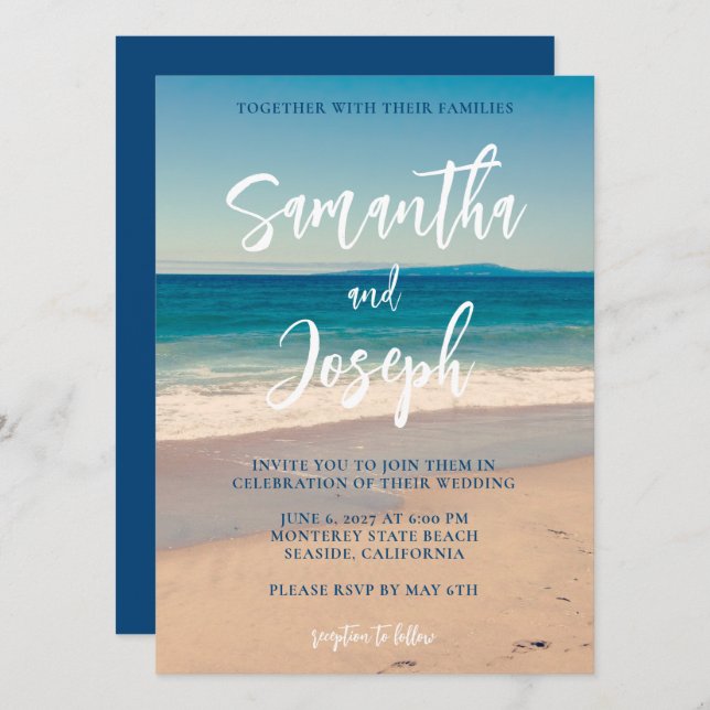 Convite Casamento com Foto na Praia Deep Blue (Frente/Verso)