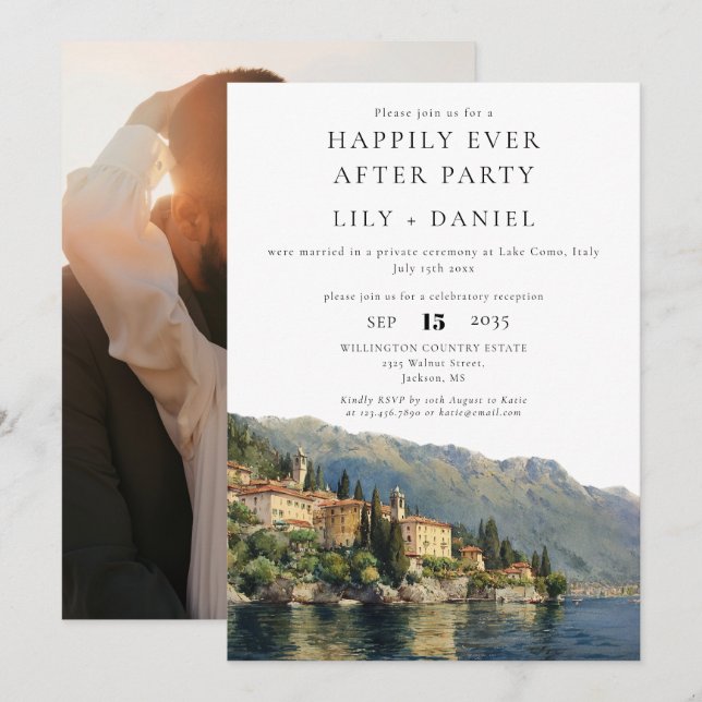 Convite Casamento com Foto no Lago Como Happily Ever After (Frente/Verso)