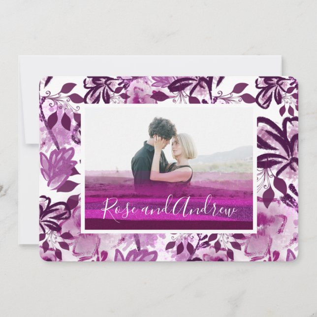 Convite Casamento com Foto Personalizada com Padrão Floral (Frente)
