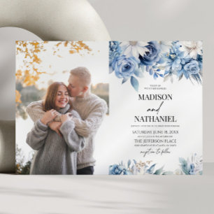 Convite Casamento com Foto Personalizada de Flores em Azul