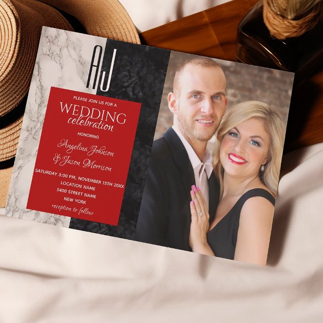 Convite Casamento com Foto Preto Branco e Vermelho (Criador carregado)
