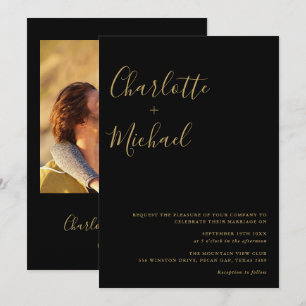 Convite Casamento com Foto Preto e Dourado de Roteiro Mini