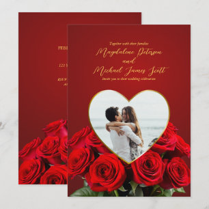 Convite Casamento com Foto Romântica Rose Bouquet Heart