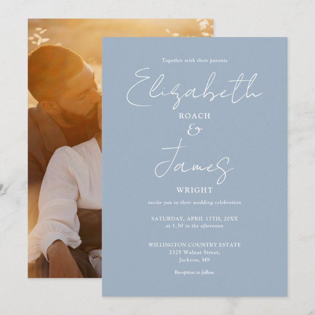 Convite Casamento com Foto Script Minimalista Azul Empoeir (Frente/Verso)