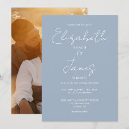 Convite Casamento com Foto Script Minimalista Azul Empoeir