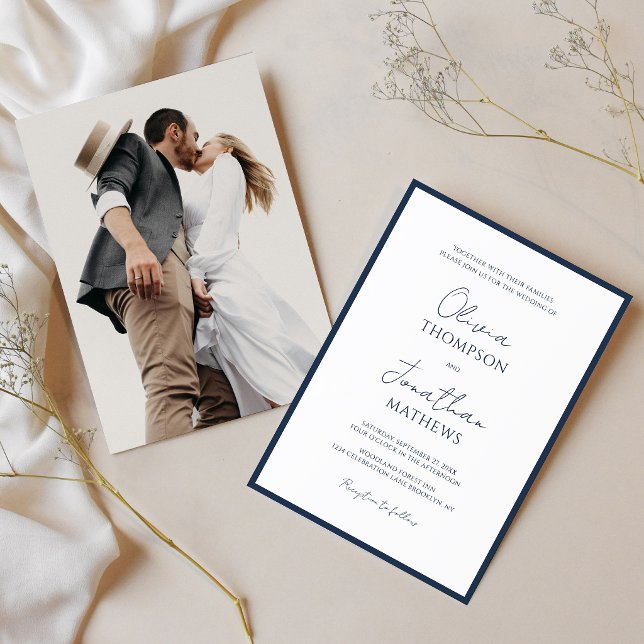 Convite Casamento com Foto Simples Borda Azul-Marinho em S (Criador carregado)