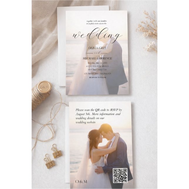 Convite Casamento com Foto Sobreposta Simples Preto e Bran (Criador carregado)
