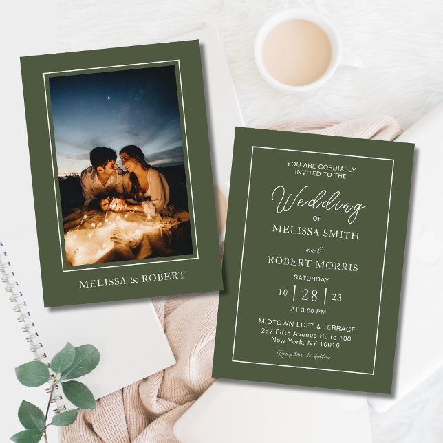 Convite Casamento com Fotografia da Caligrafia Verde-Azul  (Modern Olive Green Calligraphy Script Elegant Photo Wedding Invitation Back to Back with White Font)