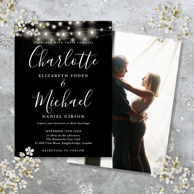 Convite Casamento com Fotografia de Luzes Brancas Negras (Black White String Lights Script Photo Wedding Invitation)