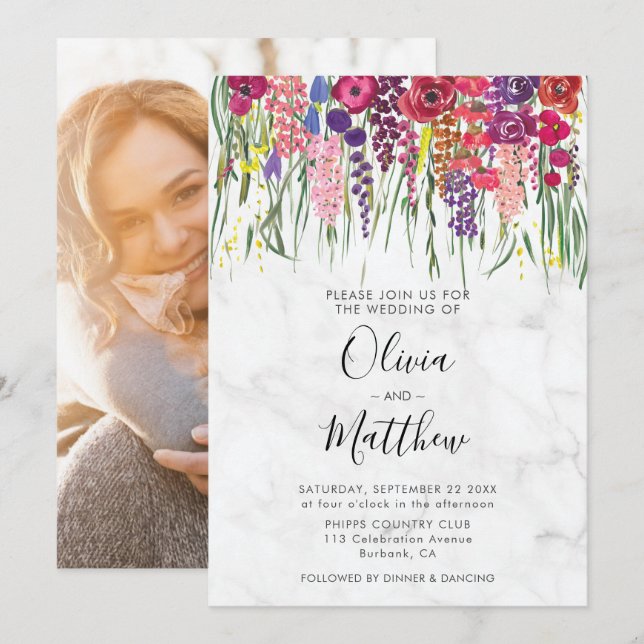 Convite Casamento com Fotografias das Flores Acrílicas Mar (Frente/Verso)