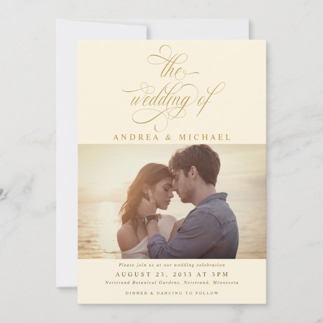Convite Casamento com Fotografias Douradas de Creme Elegan (Frente)